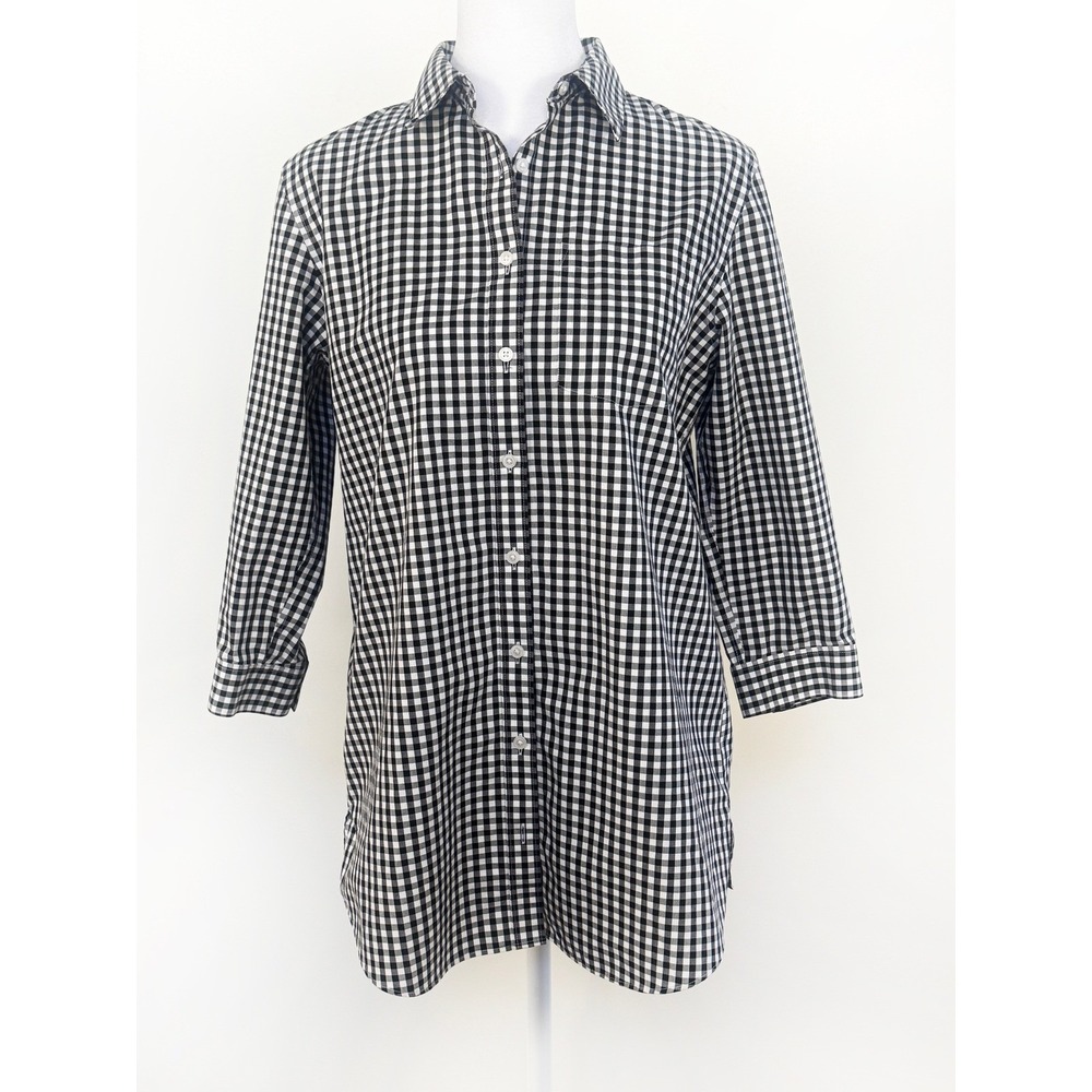 Lands End Womens Black White Gingham No Iron Supima Cotton Button Down Shirt 4